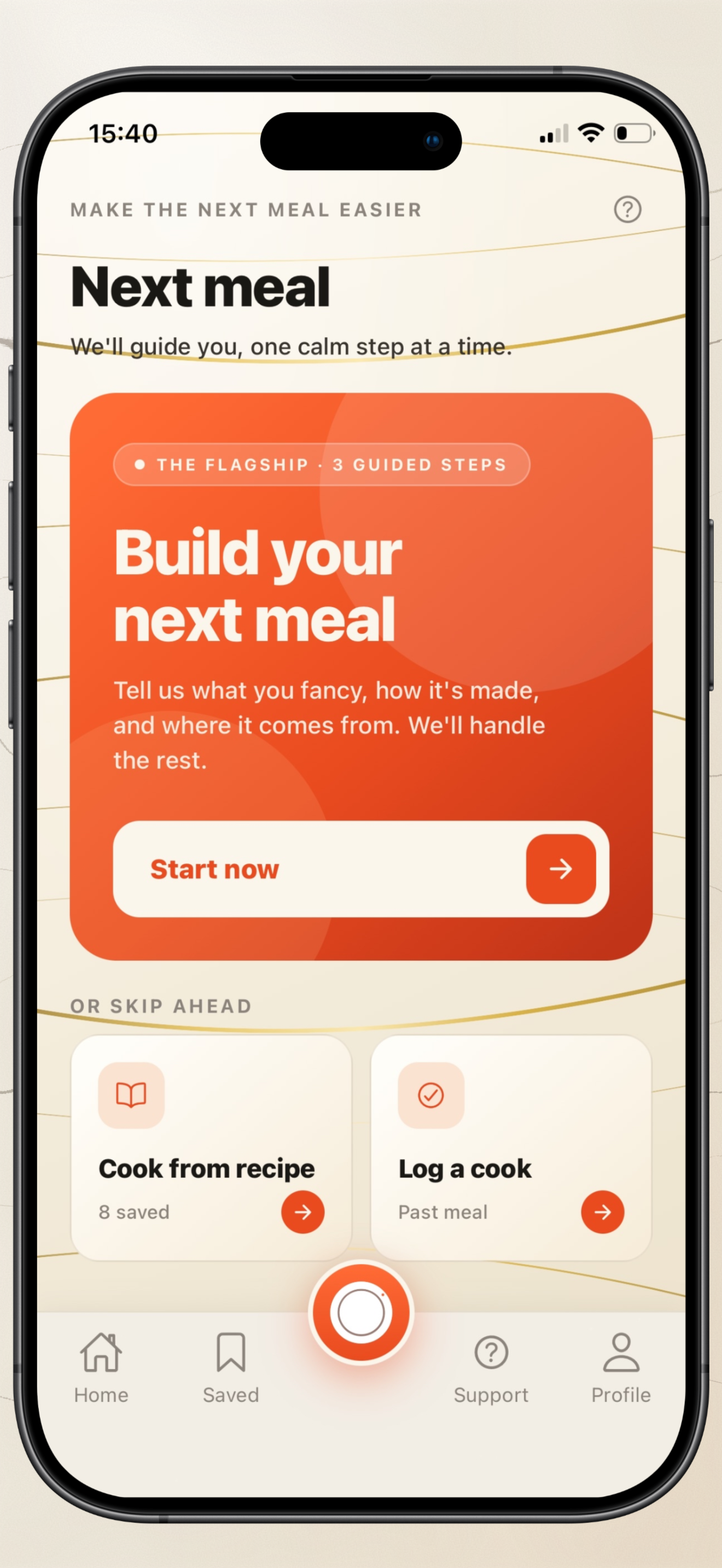 The Next Meal screen: a flagship card that builds your next meal in three guided steps