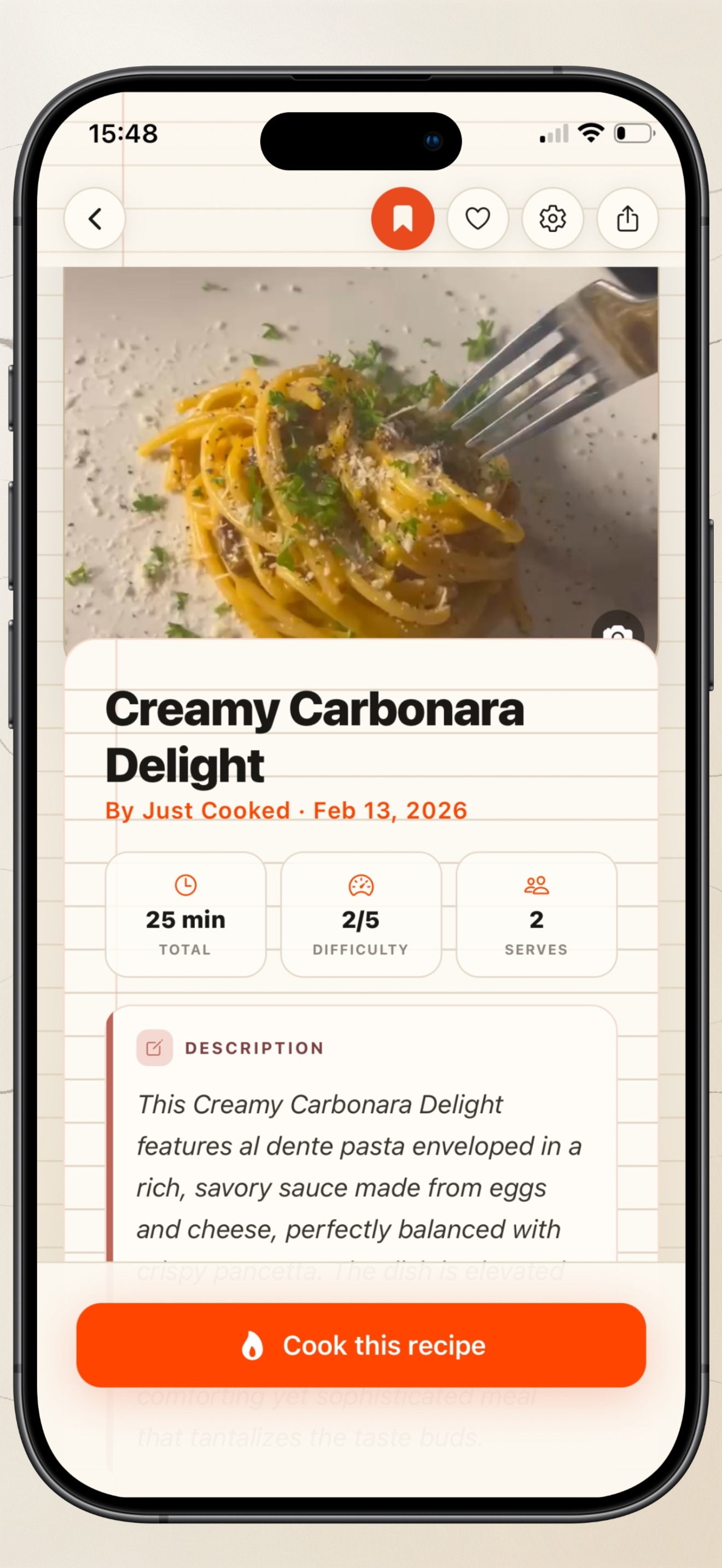 A finished recipe in Just Cooked, with time, difficulty and a Cook this recipe button