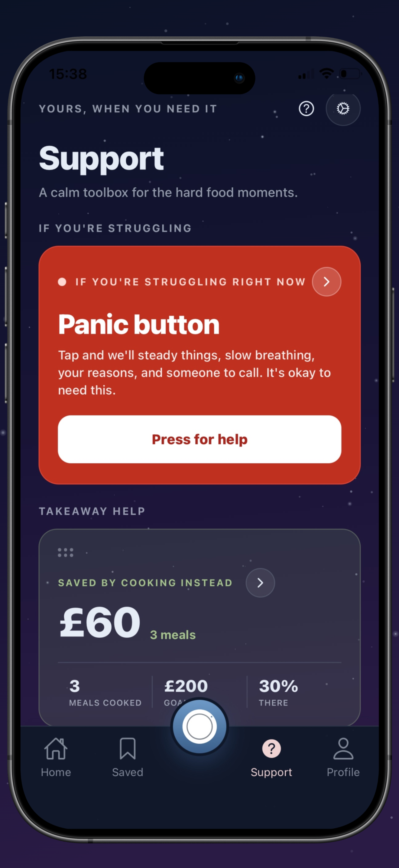 The Support home screen, with a panic button for the hardest moments and a takeaway savings summary